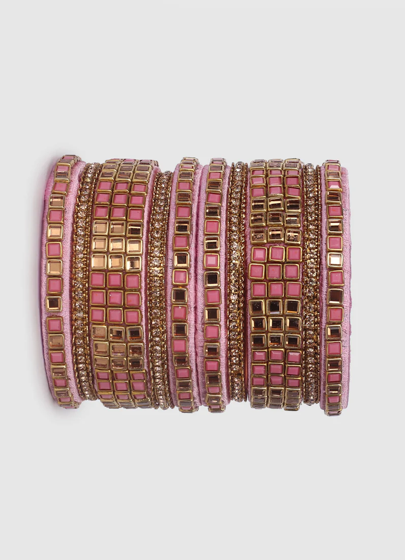 Blush Pink Threadwork Bangle Set with Square Stones - Image 4