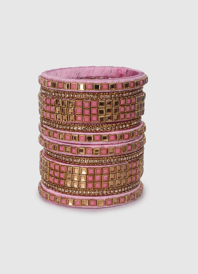 Blush Pink Threadwork Bangle Set with Square Stones - Image 5
