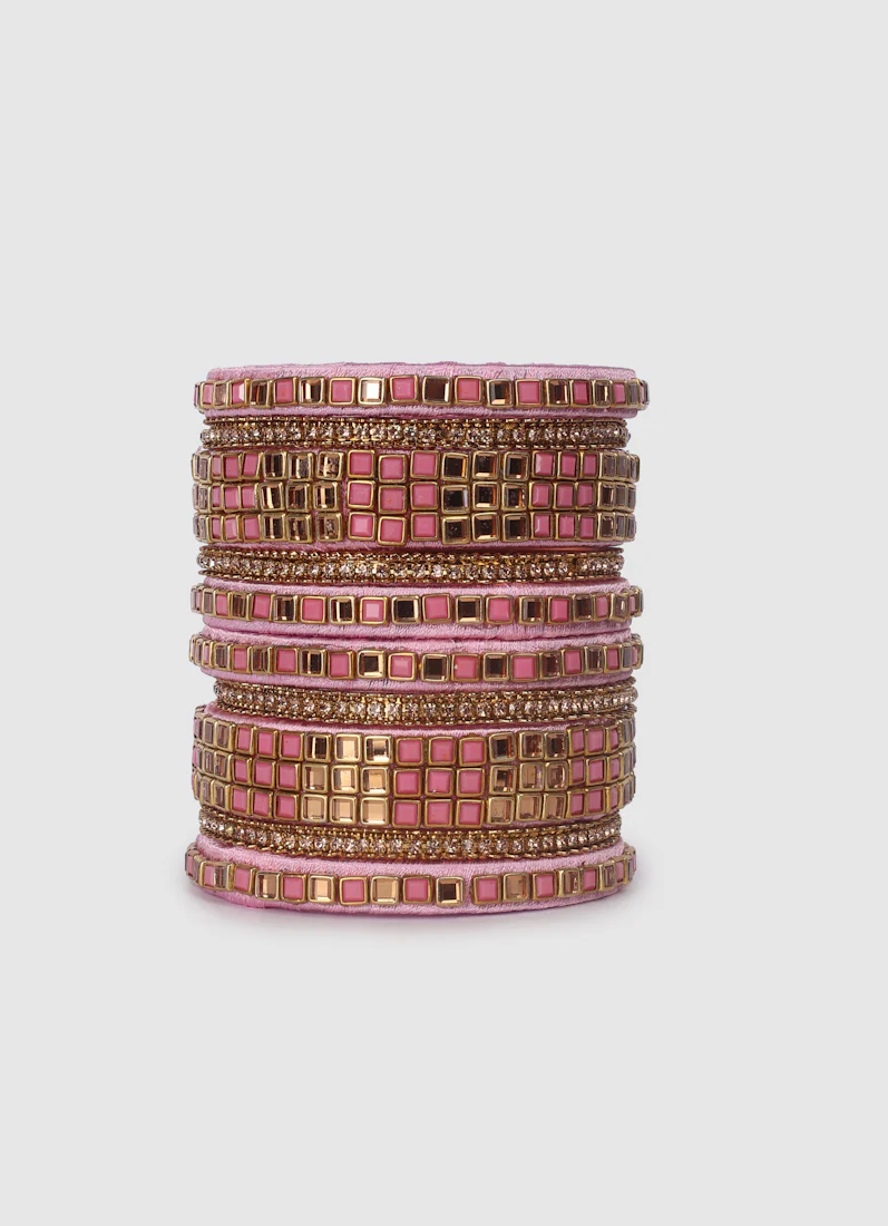 Blush Pink Threadwork Bangle Set with Square Stones - Image 6