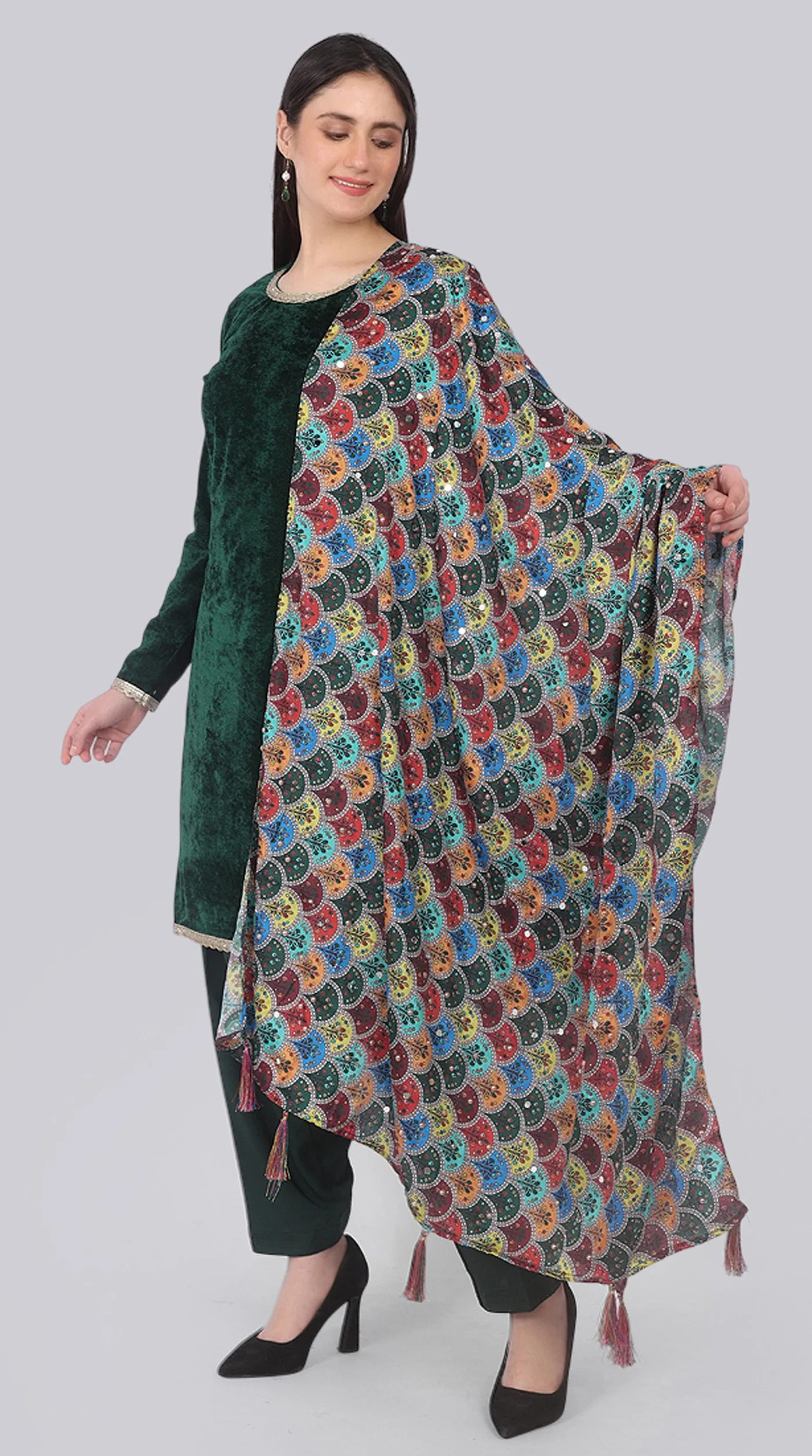 Bottle Green Velvet Shift Suit Set with Dupatta - Image 2