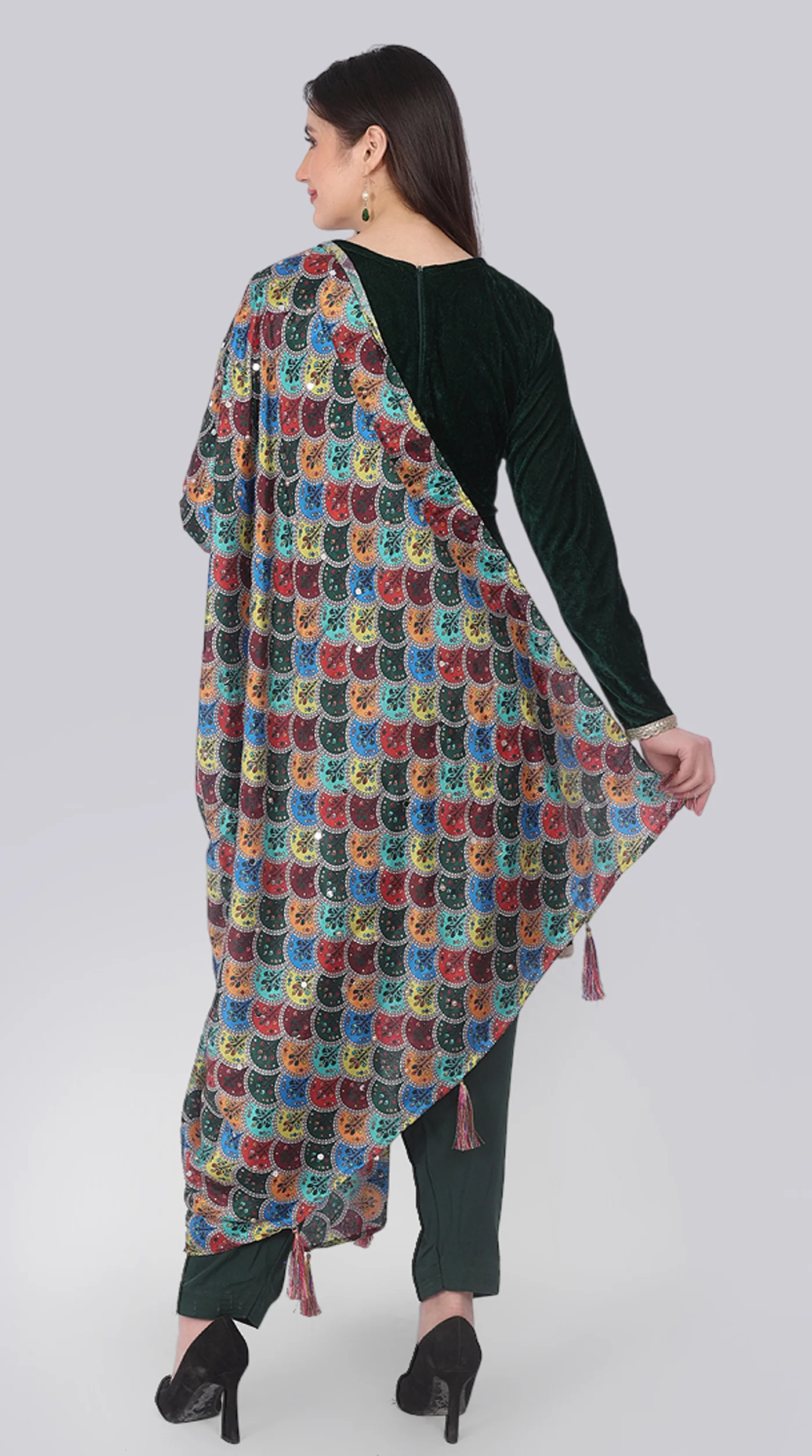 Bottle Green Velvet Shift Suit Set with Dupatta - Image 3