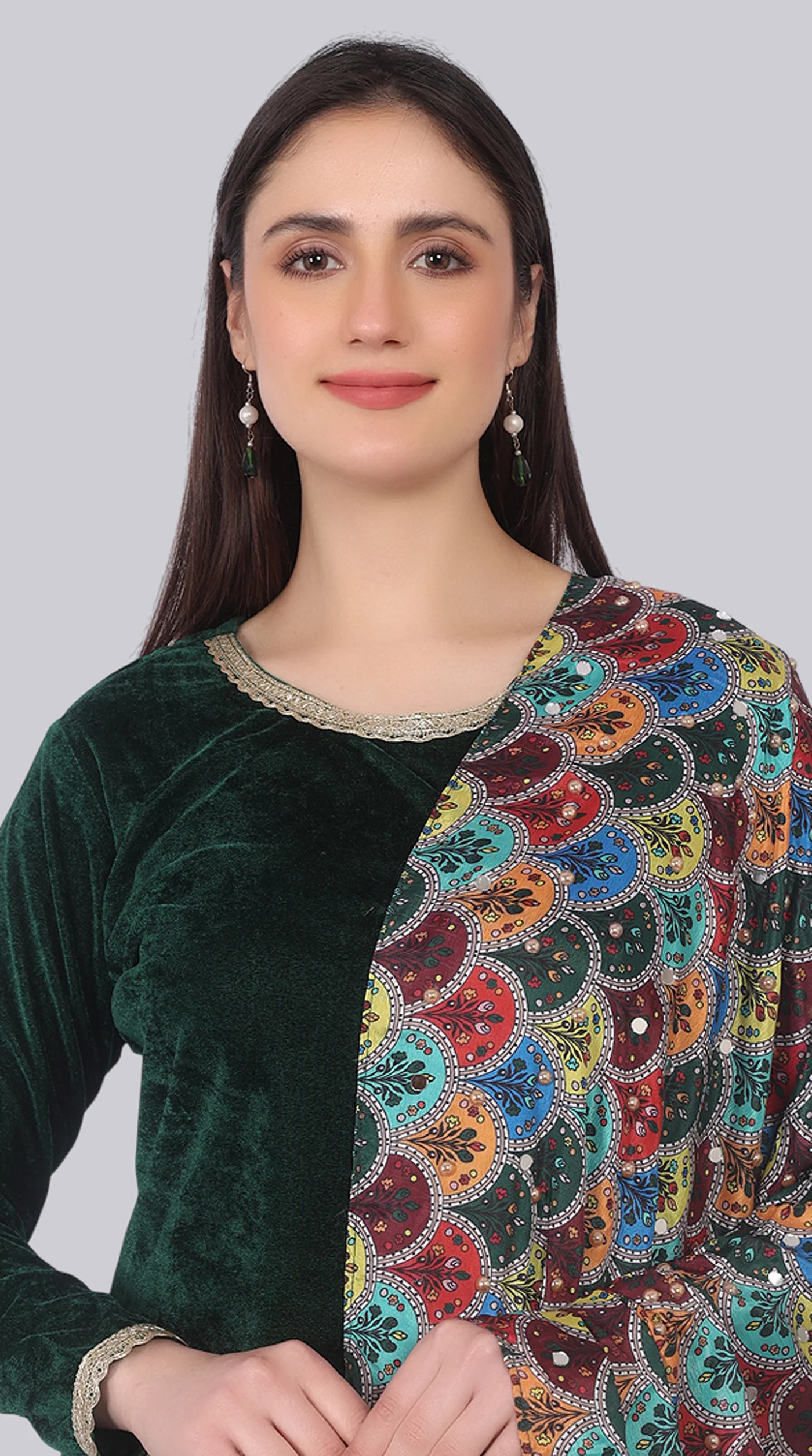 Bottle Green Velvet Shift Suit Set with Dupatta - Image 4