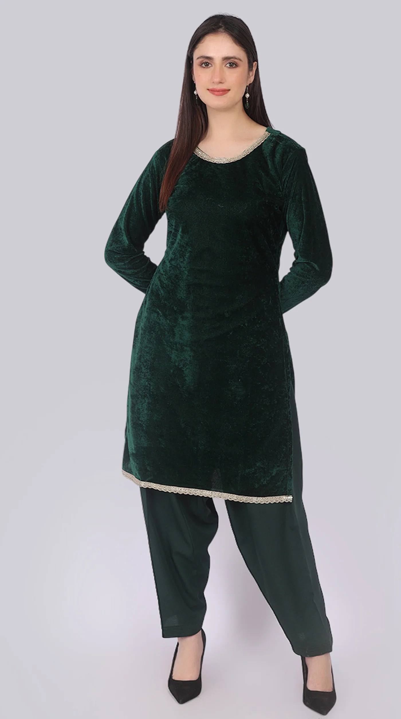 Bottle Green Velvet Shift Suit Set with Dupatta - Image 5