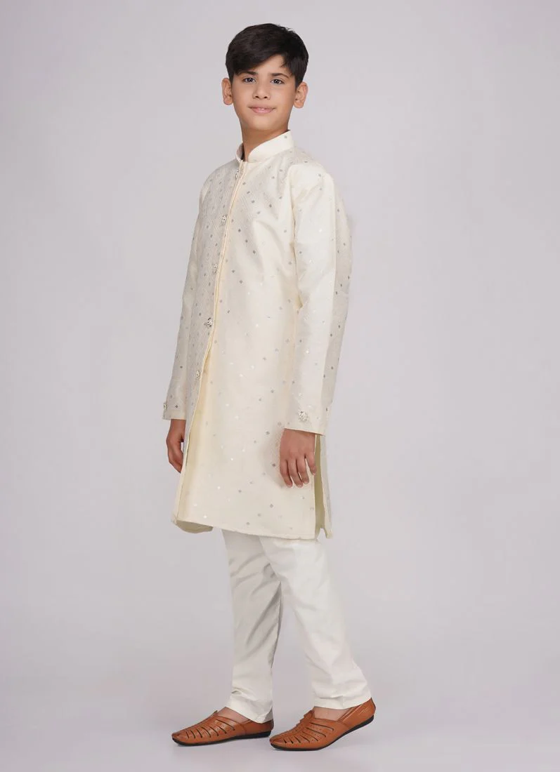Boys Beige Brocade Semi Sherwani Set - Image 2
