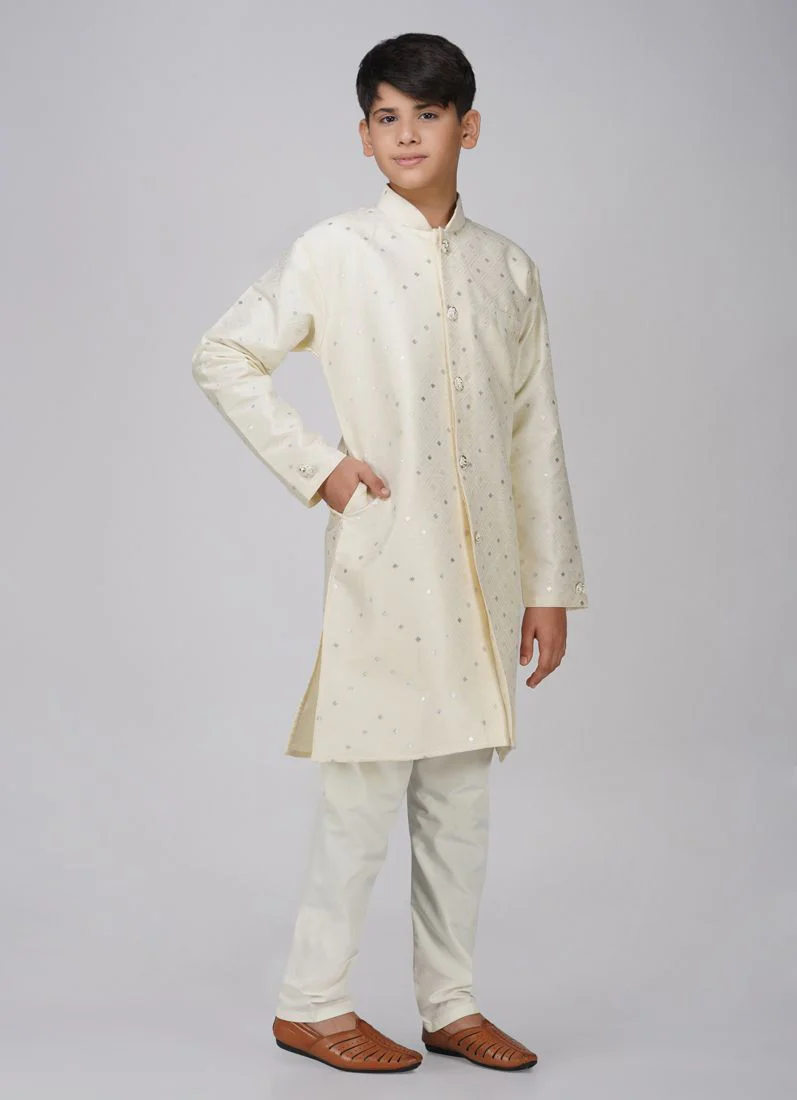 Boys Beige Brocade Semi Sherwani Set - Image 3