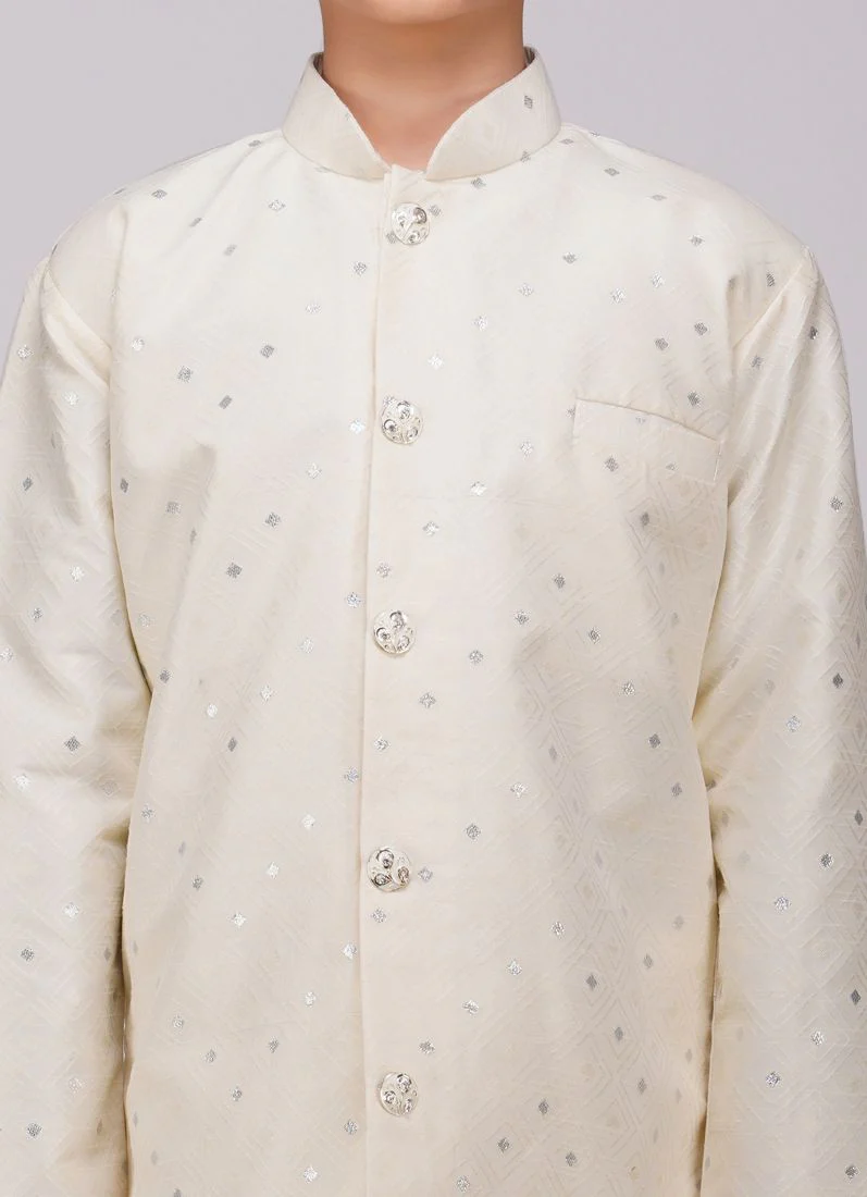 Boys Beige Brocade Semi Sherwani Set - Image 4