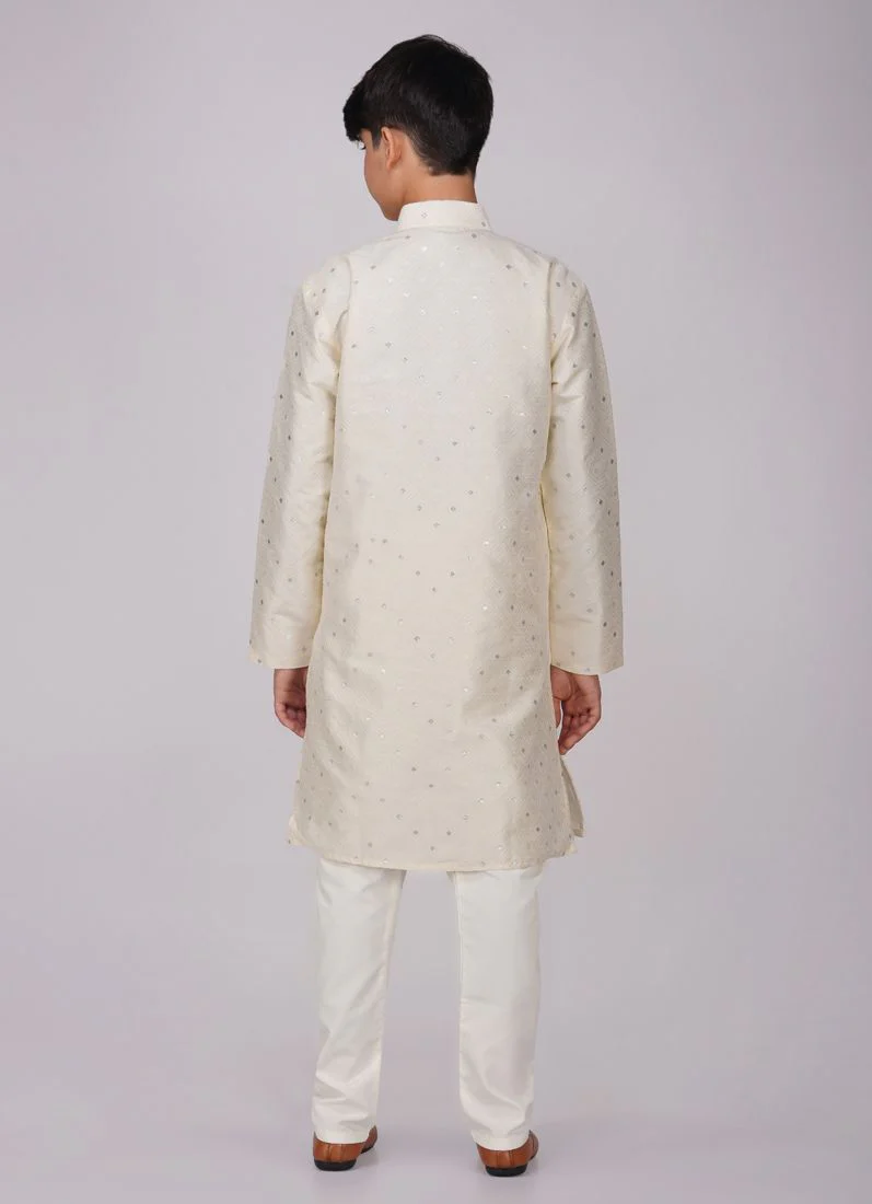 Boys Beige Brocade Semi Sherwani Set - Image 5