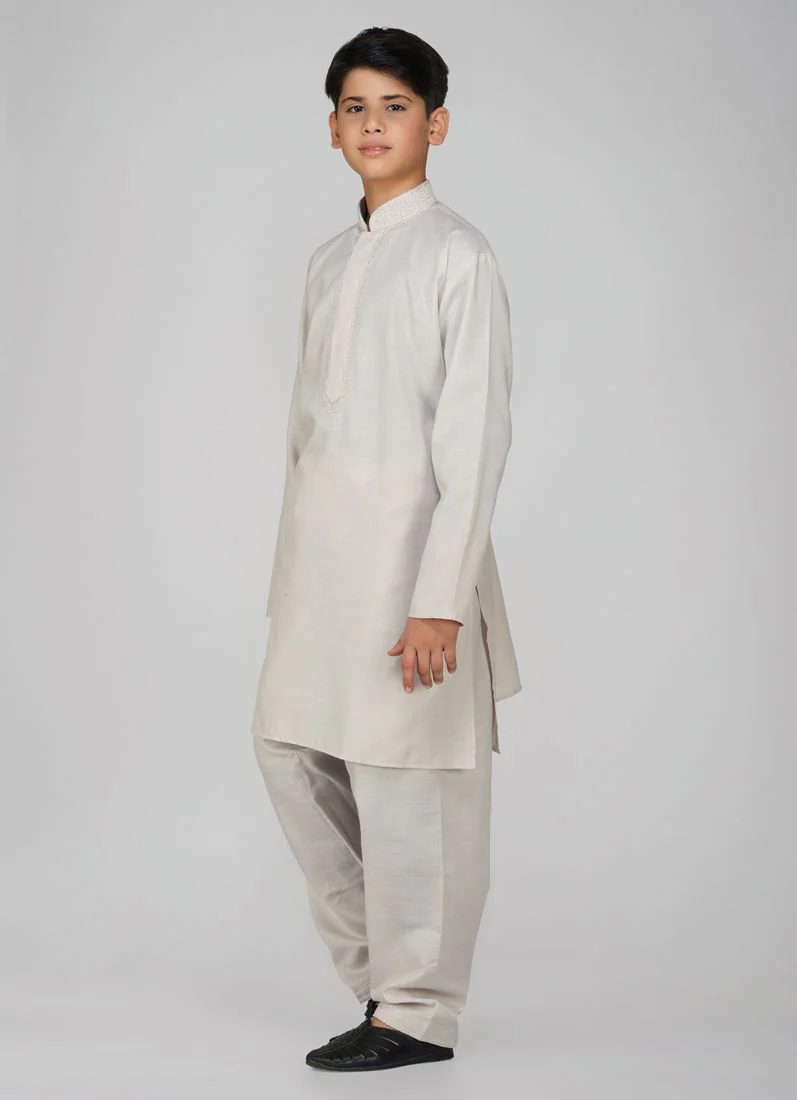 Boys Beige Cotton Kurta Pajama Set - Image 2