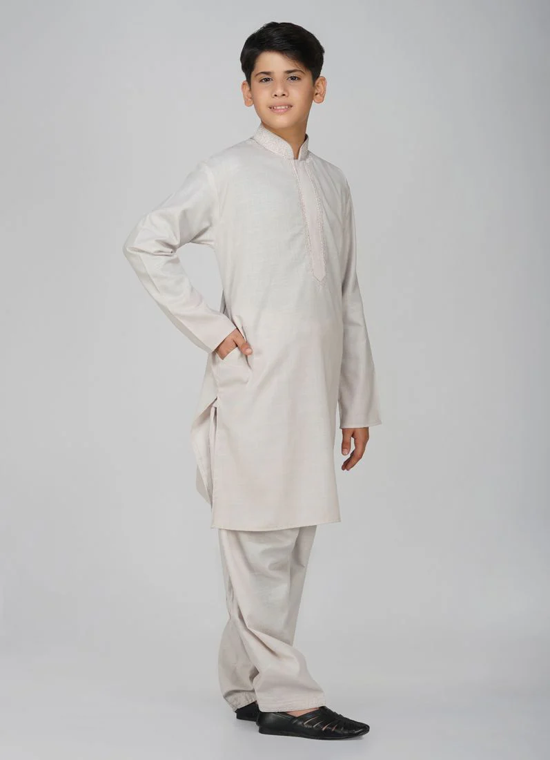 Boys Beige Cotton Kurta Pajama Set - Image 3