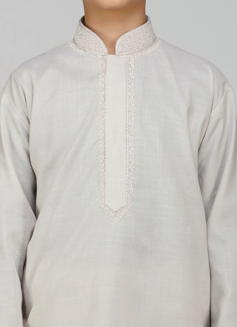 Boys Beige Cotton Kurta Pajama Set - Image 4
