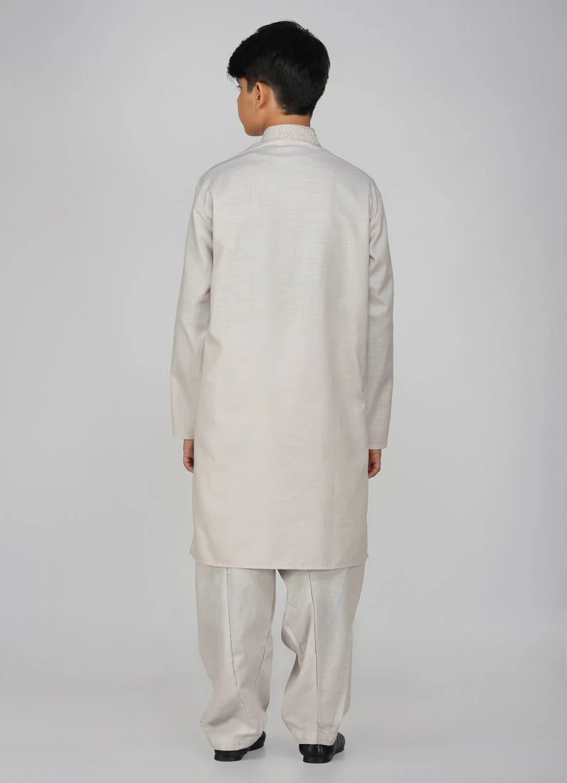 Boys Beige Cotton Kurta Pajama Set - Image 5