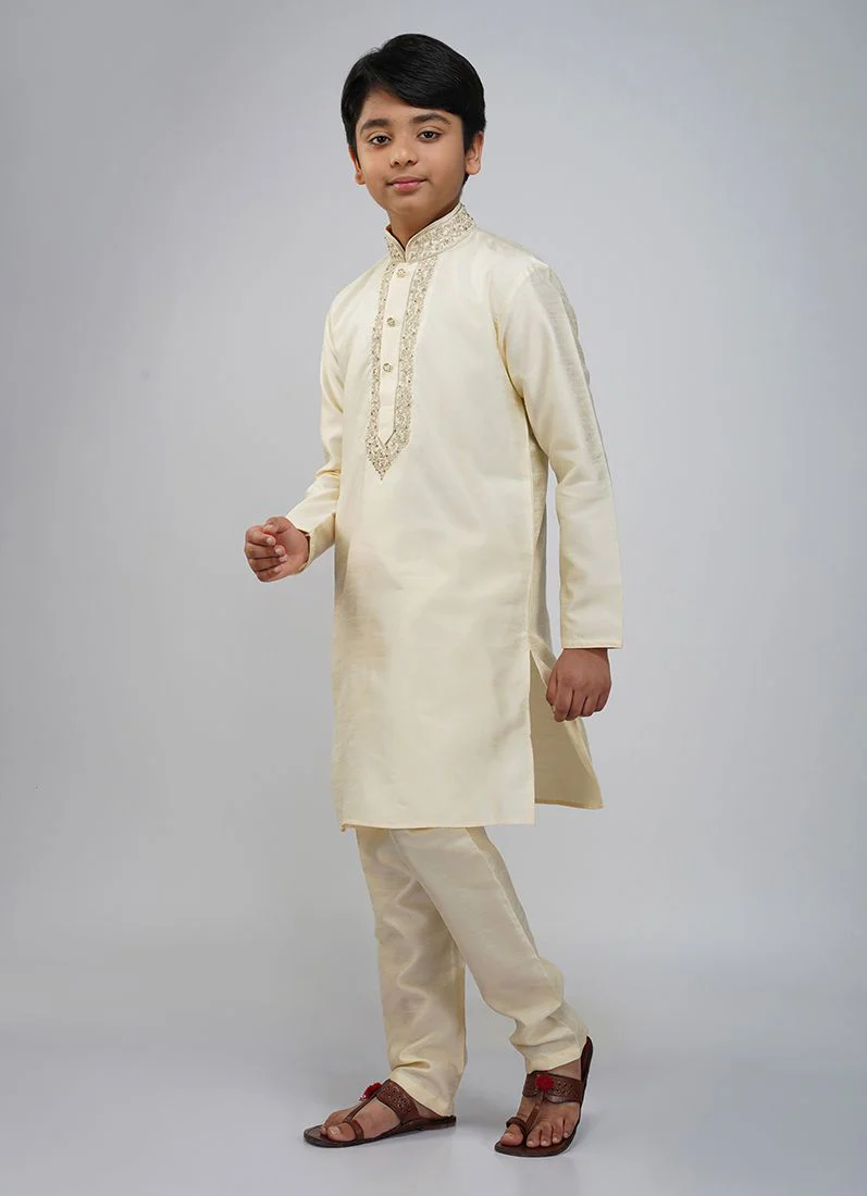 Boys Beige Dupion Kurta Set - Image 2