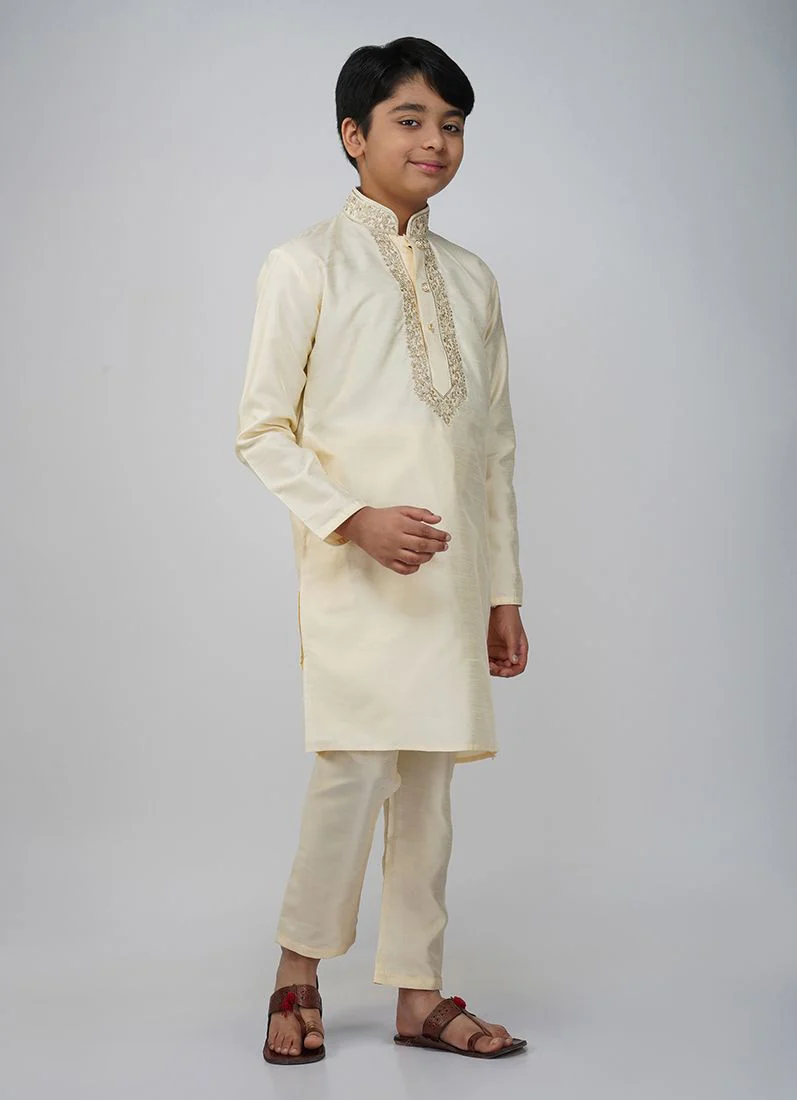 Boys Beige Dupion Kurta Set - Image 3