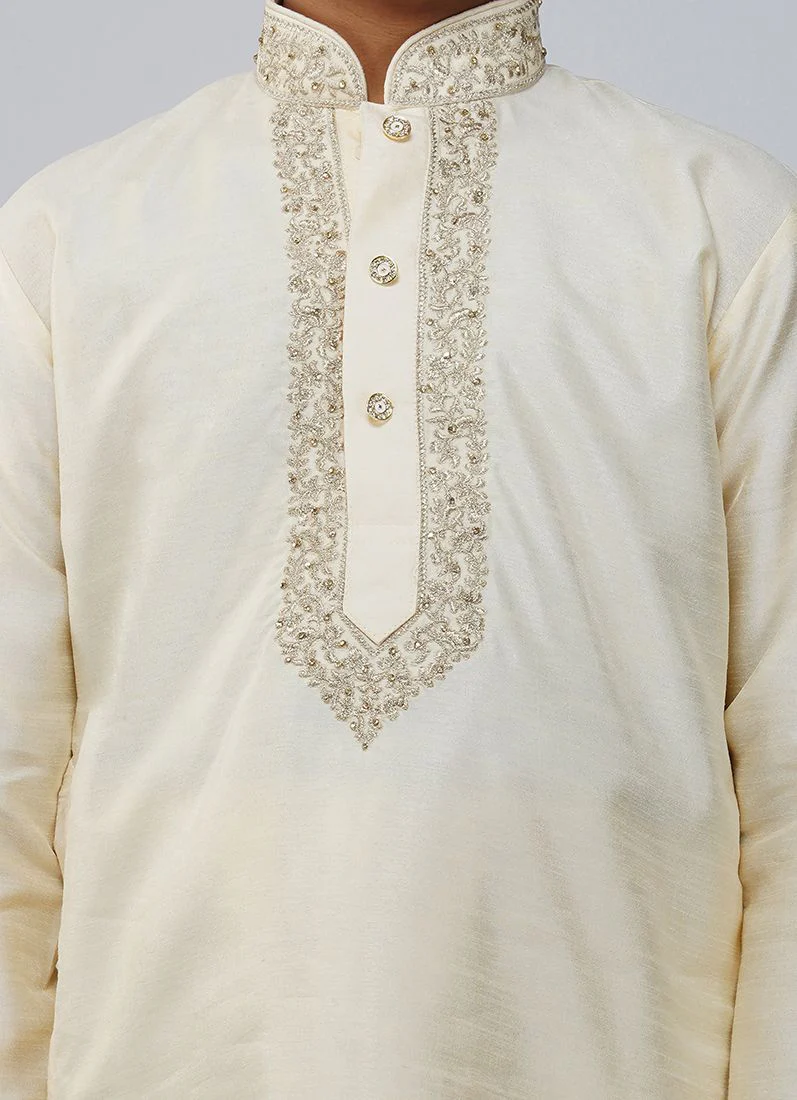 Boys Beige Dupion Kurta Set - Image 4