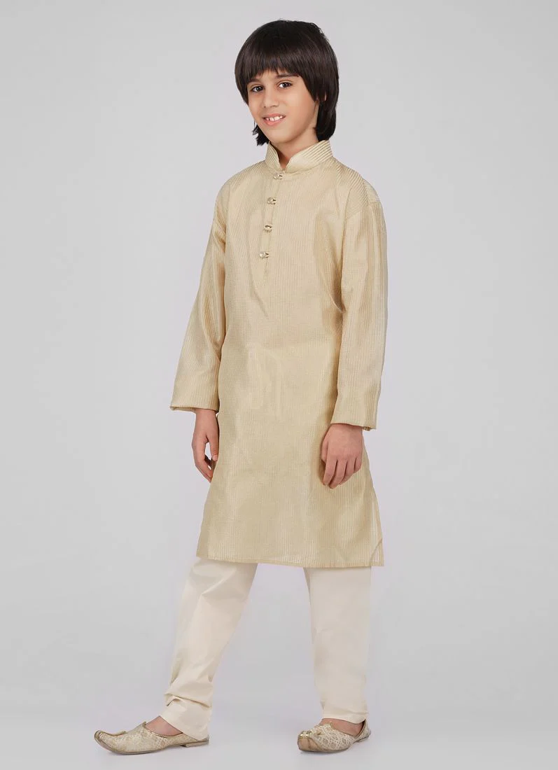 Boy's Beige Poly jacquard Kurta Pajama Set - Image 2