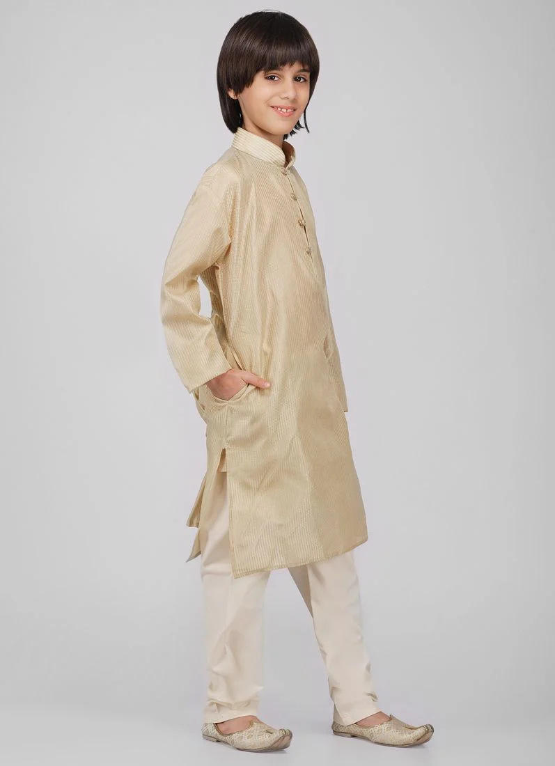 Boy's Beige Poly jacquard Kurta Pajama Set - Image 3