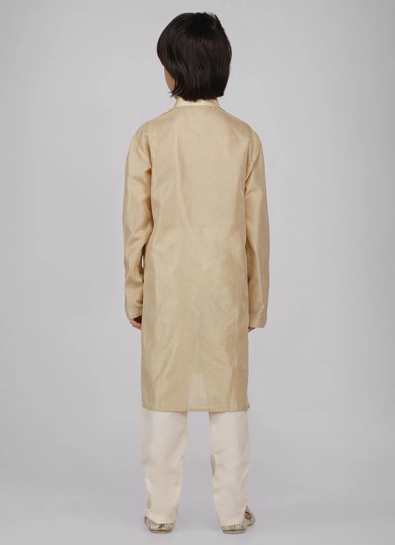 Boy's Beige Poly jacquard Kurta Pajama Set - Image 4