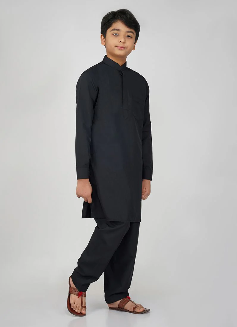 Boys Black Polyester Kurta Salwar Set - Image 2