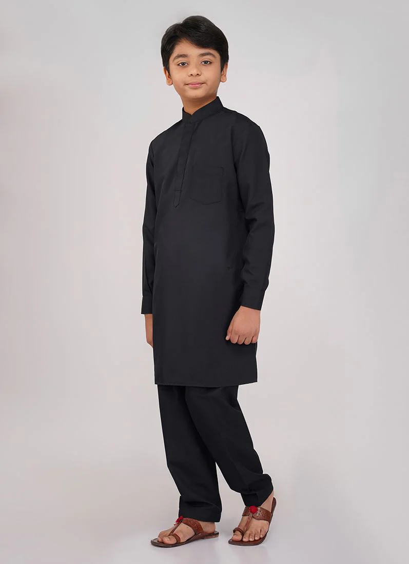 Boys Black Polyester Kurta Salwar Set - Image 3
