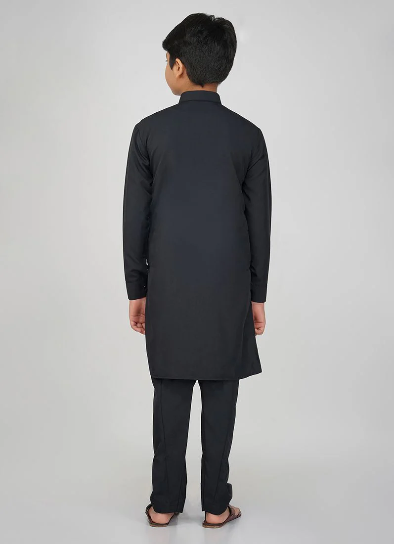 Boys Black Polyester Kurta Salwar Set - Image 5