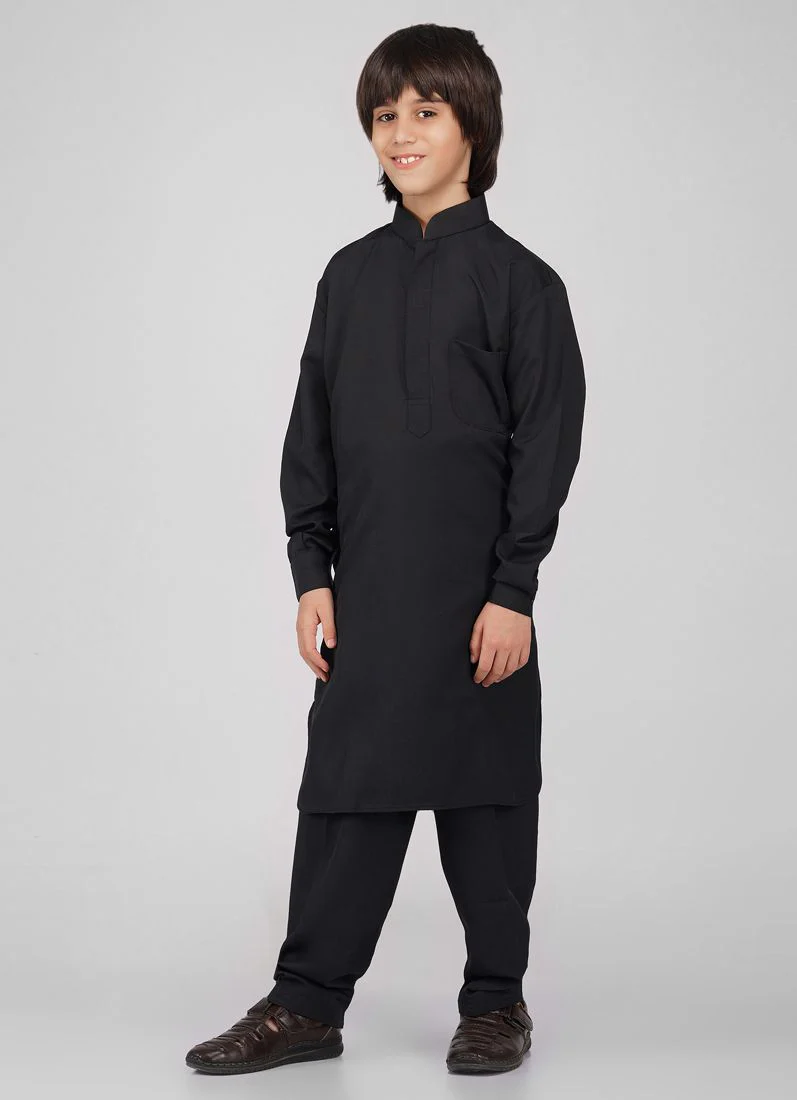 Boy's Black Poyester Kurta Salwar Set - Image 3
