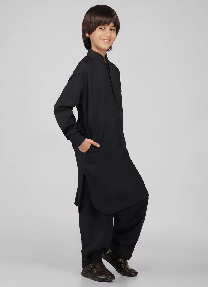 Boy's Black Poyester Kurta Salwar Set - Image 5