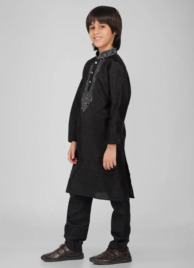Boy's Black Zari Embroidered Raw Silk Kurta Pajama Set - Image 3
