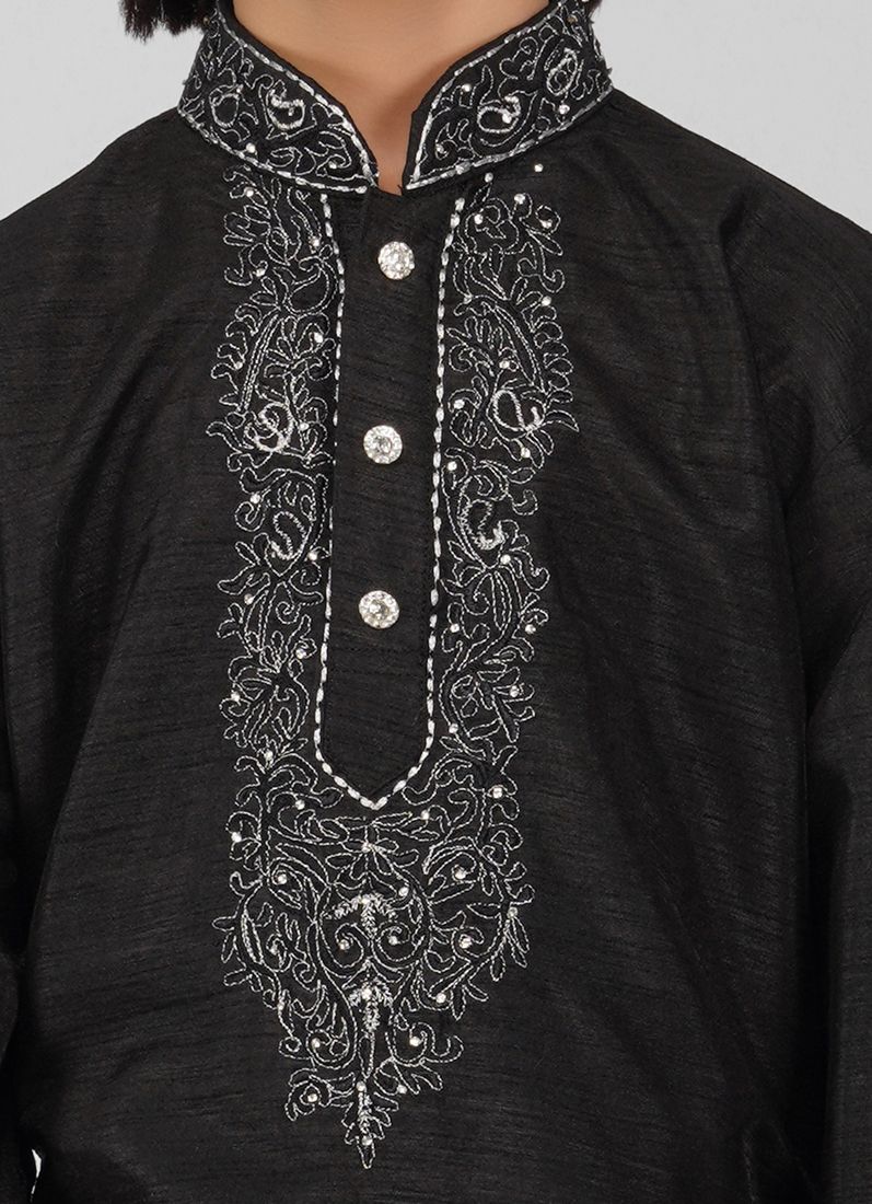 Boy's Black Zari Embroidered Raw Silk Kurta Pajama Set - Image 4