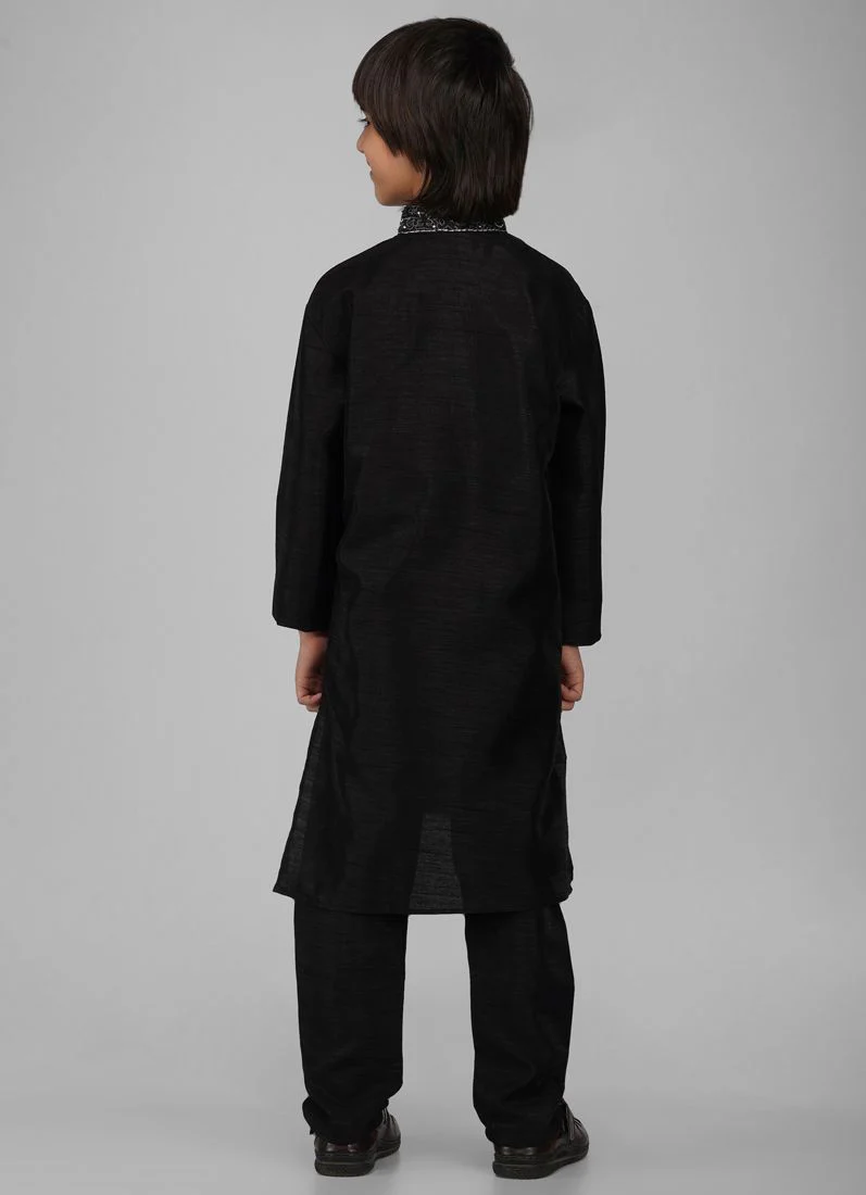 Boy's Black Zari Embroidered Raw Silk Kurta Pajama Set - Image 5
