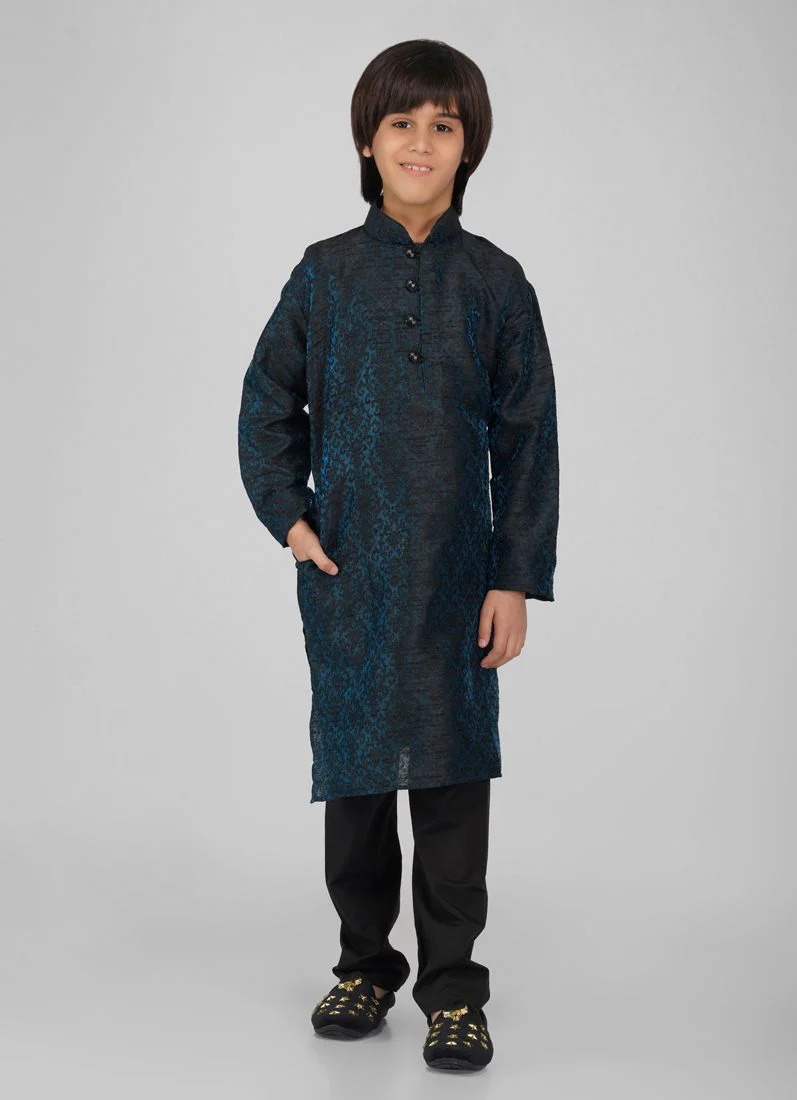 Boy's Blue Poly jacquard Kurta Pajama Set - Image 2