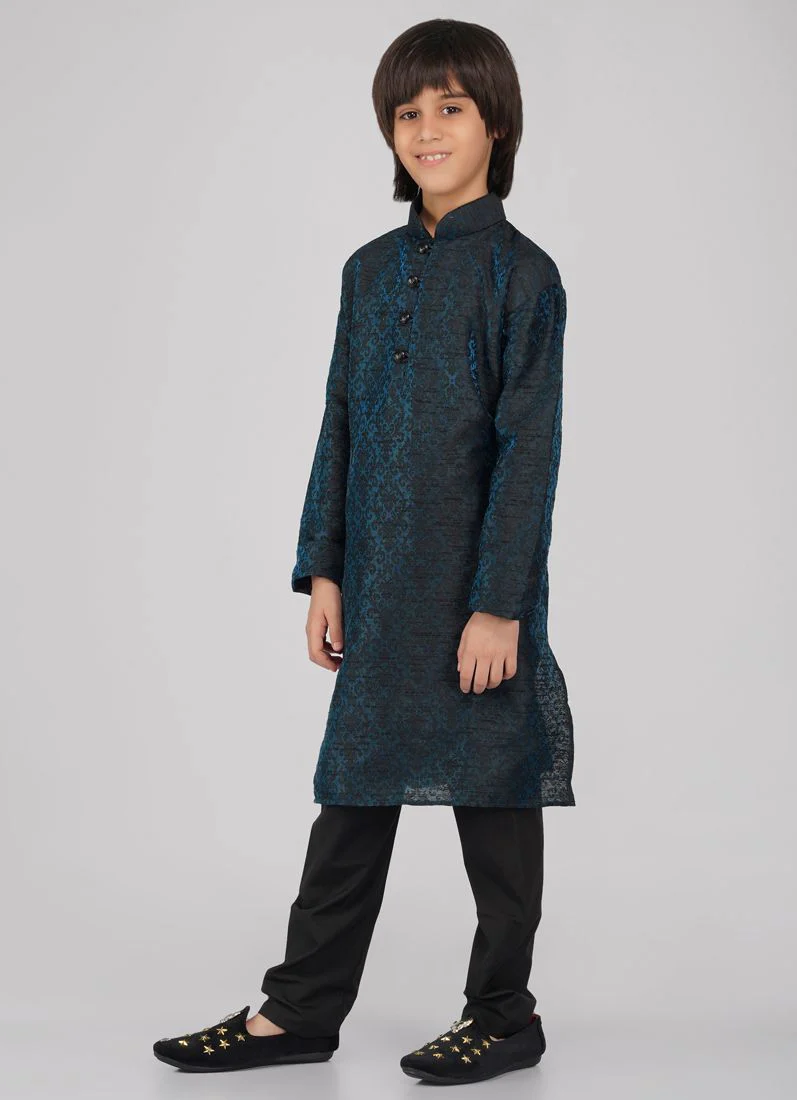 Boy's Blue Poly jacquard Kurta Pajama Set - Image 3