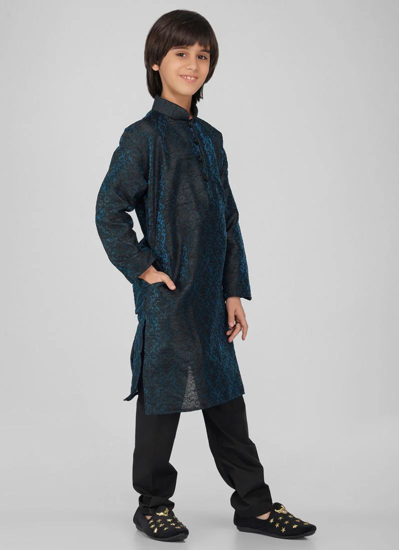 Boy's Blue Poly jacquard Kurta Pajama Set - Image 4
