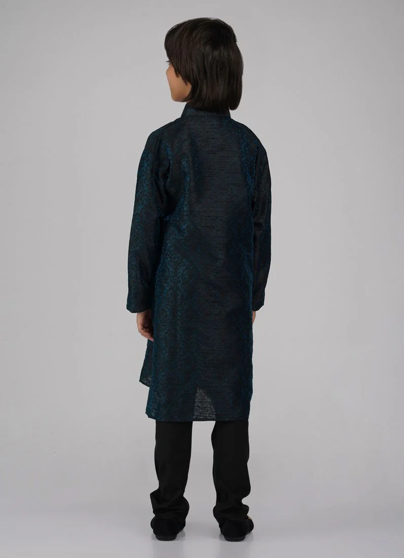 Boy's Blue Poly jacquard Kurta Pajama Set - Image 5