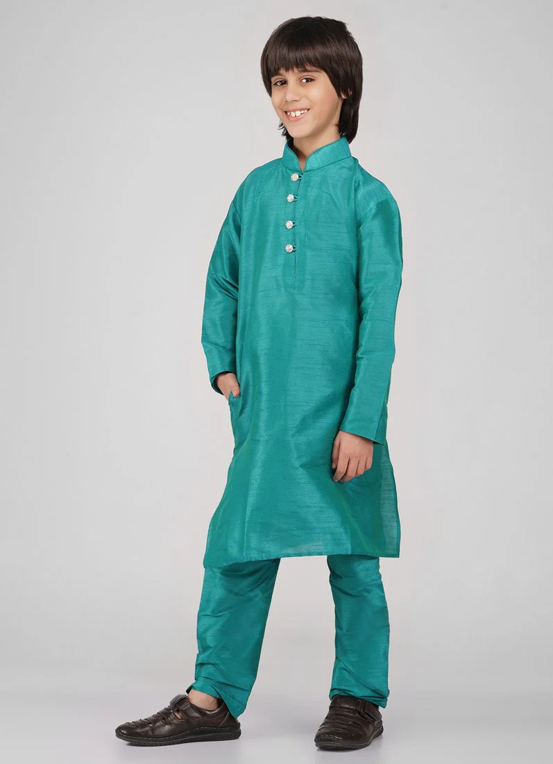Boy's Blue Raw Silk Kurta Pajama Set - Image 2