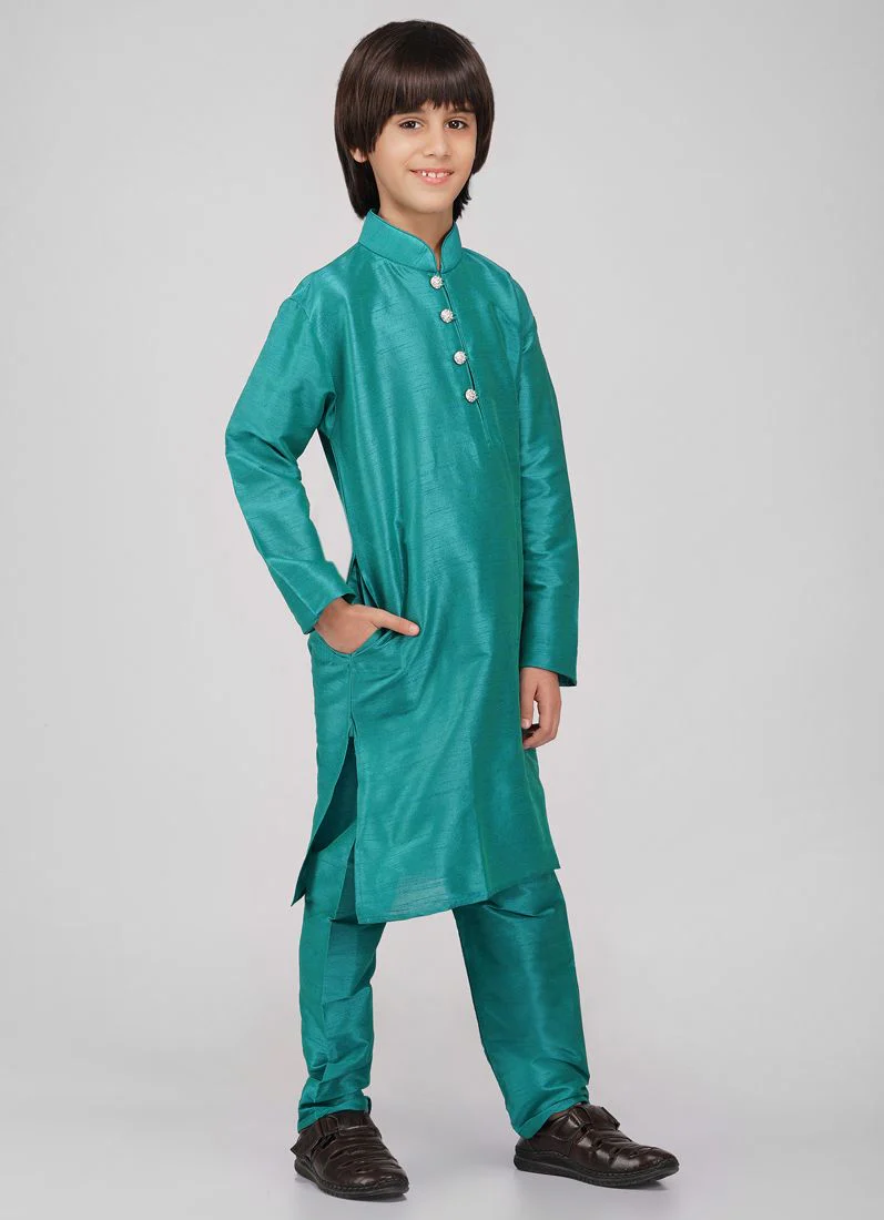 Boy's Blue Raw Silk Kurta Pajama Set - Image 3