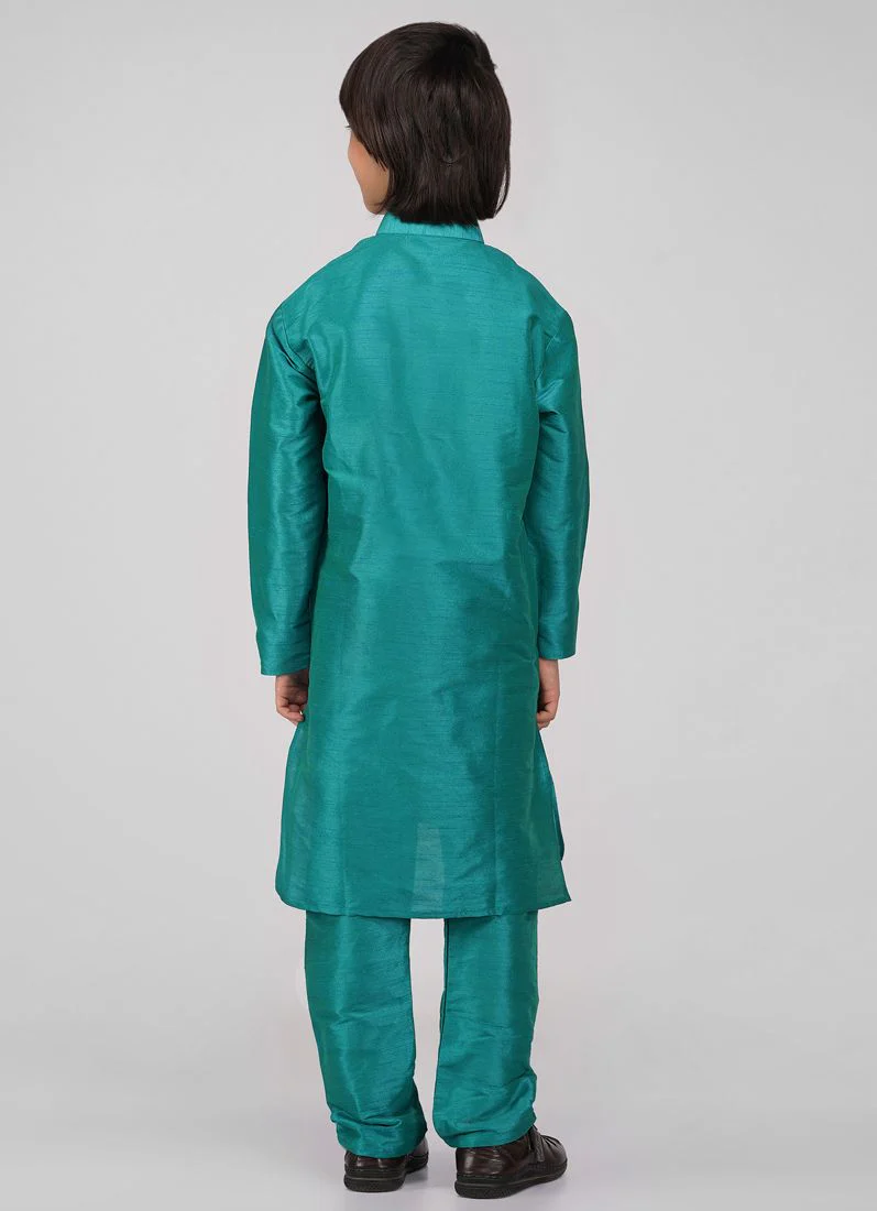 Boy's Blue Raw Silk Kurta Pajama Set - Image 4