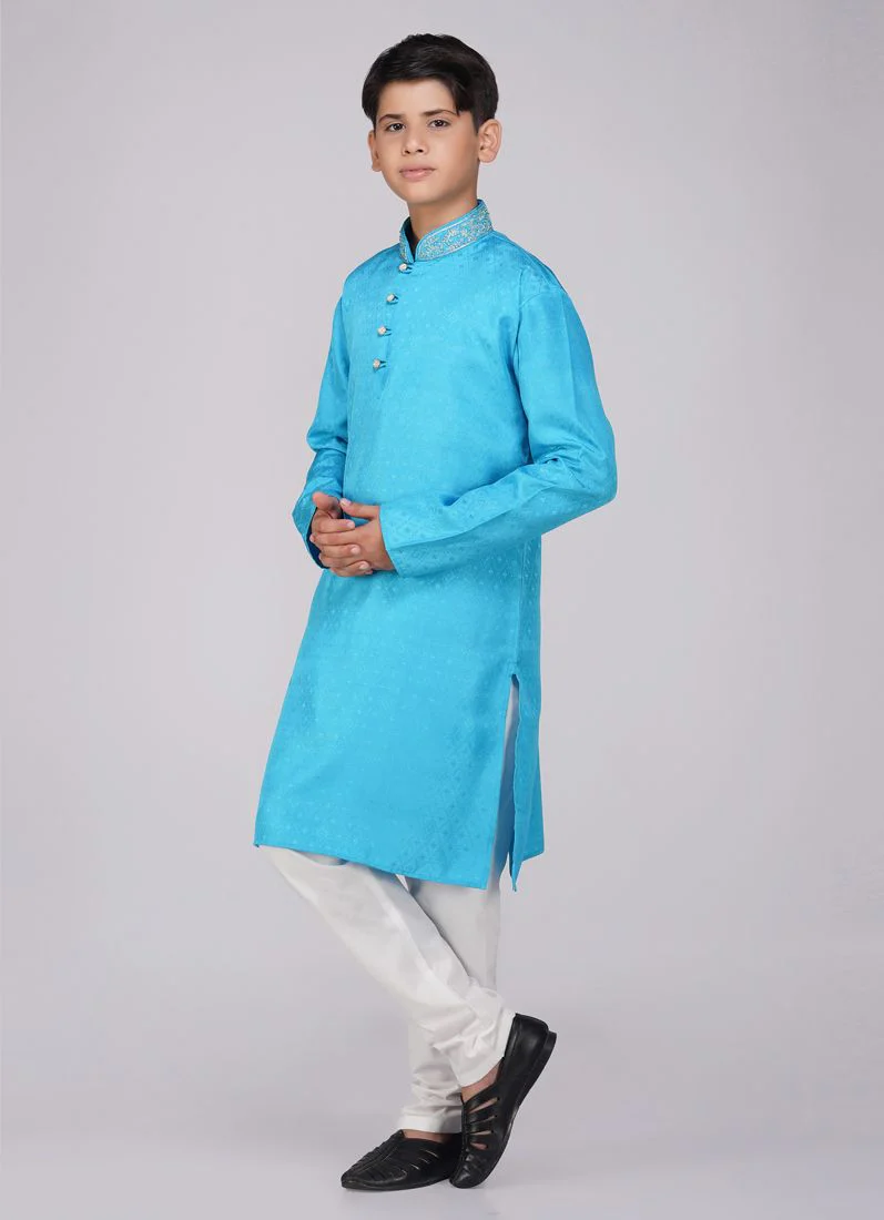 Boy's Blue Resham Brocade Kurta Set - Image 2