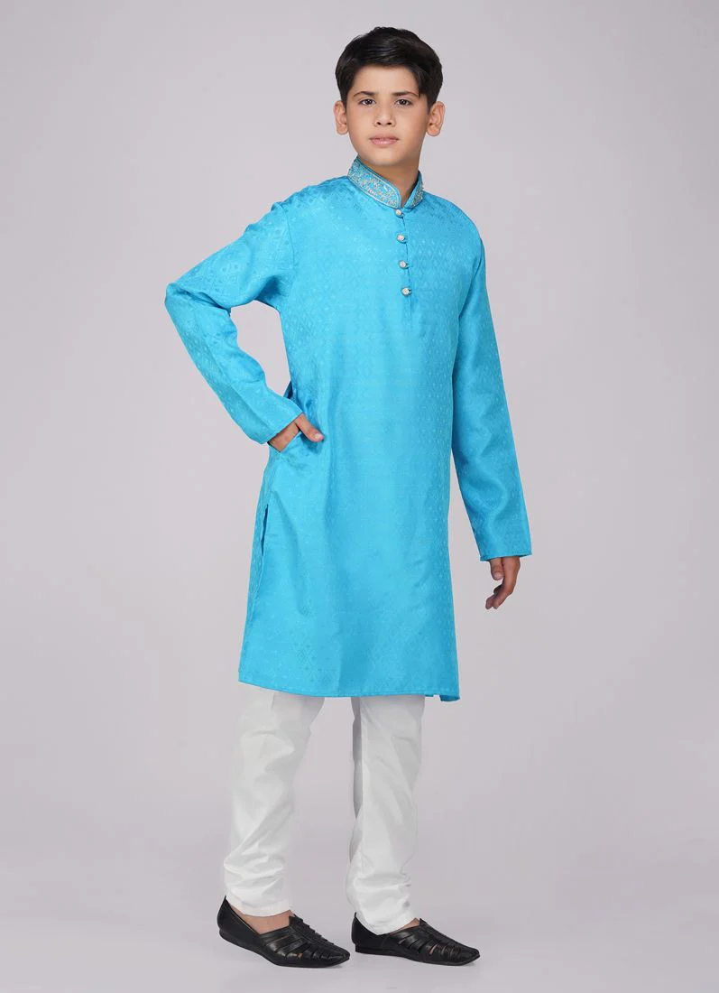 Boy's Blue Resham Brocade Kurta Set - Image 3