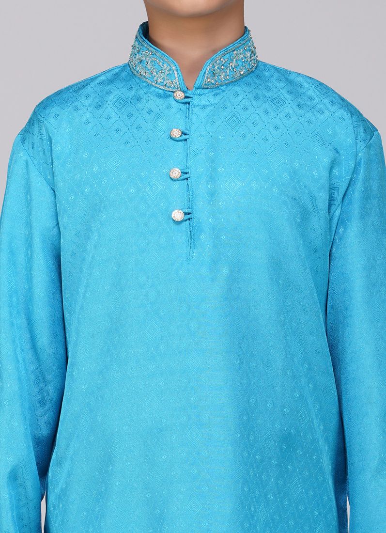 Boy's Blue Resham Brocade Kurta Set - Image 4