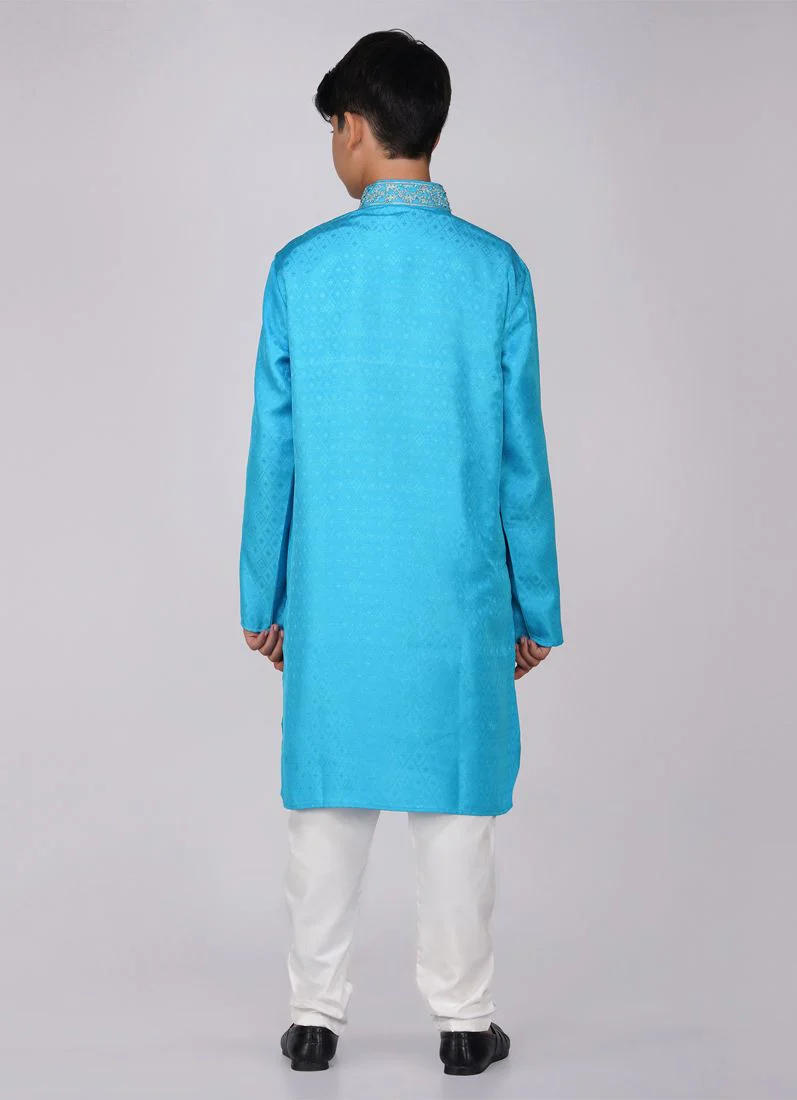 Boy's Blue Resham Brocade Kurta Set - Image 5