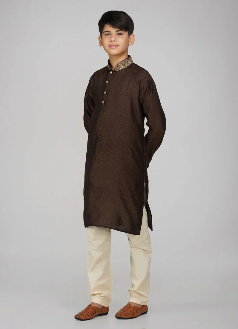 Boys Brown Polyester Kurta Pajama Set - Image 2