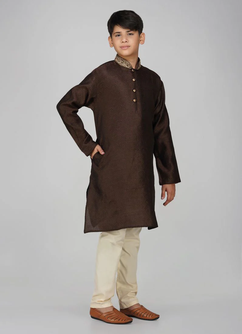 Boys Brown Polyester Kurta Pajama Set - Image 3