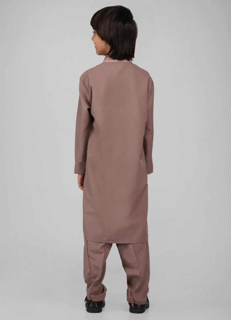 Boy's Brown Poyester Resham Thread Embroidered Kurta Salwar Set - Image 2
