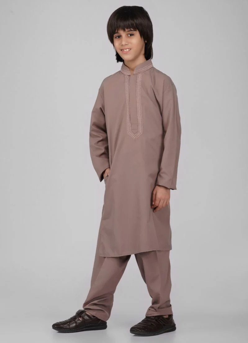 Boy's Brown Poyester Resham Thread Embroidered Kurta Salwar Set - Image 3