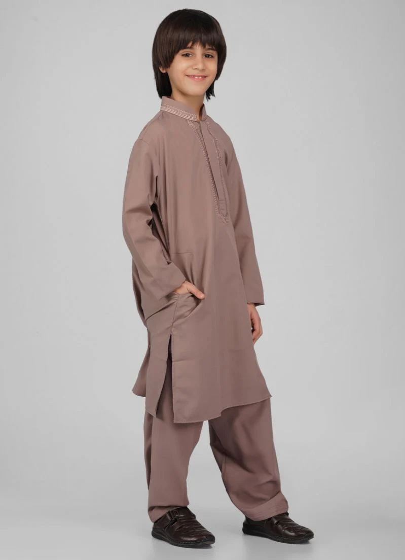 Boy's Brown Poyester Resham Thread Embroidered Kurta Salwar Set - Image 4