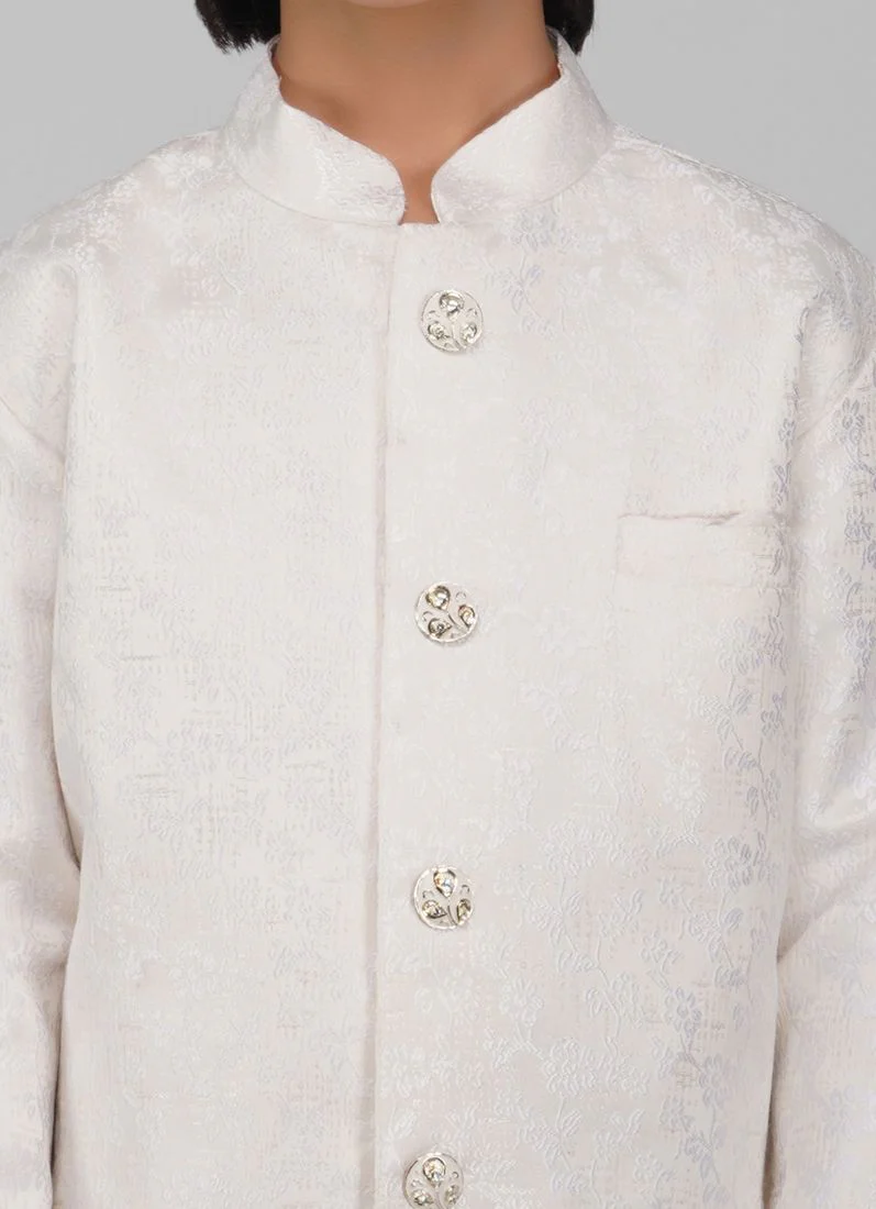 Boy's Cream Poly jacquard Shervani Pajama Set - Image 3