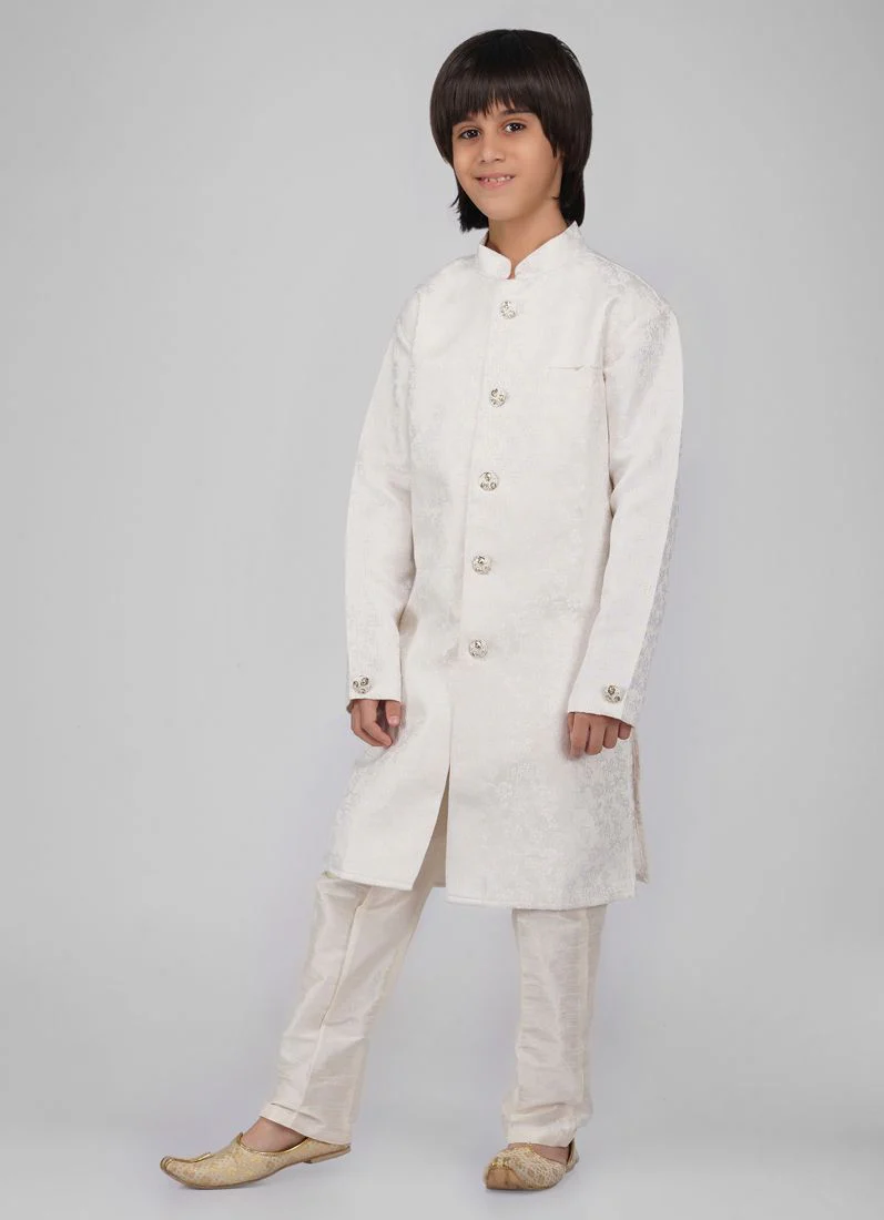 Boy's Cream Poly jacquard Shervani Pajama Set - Image 4