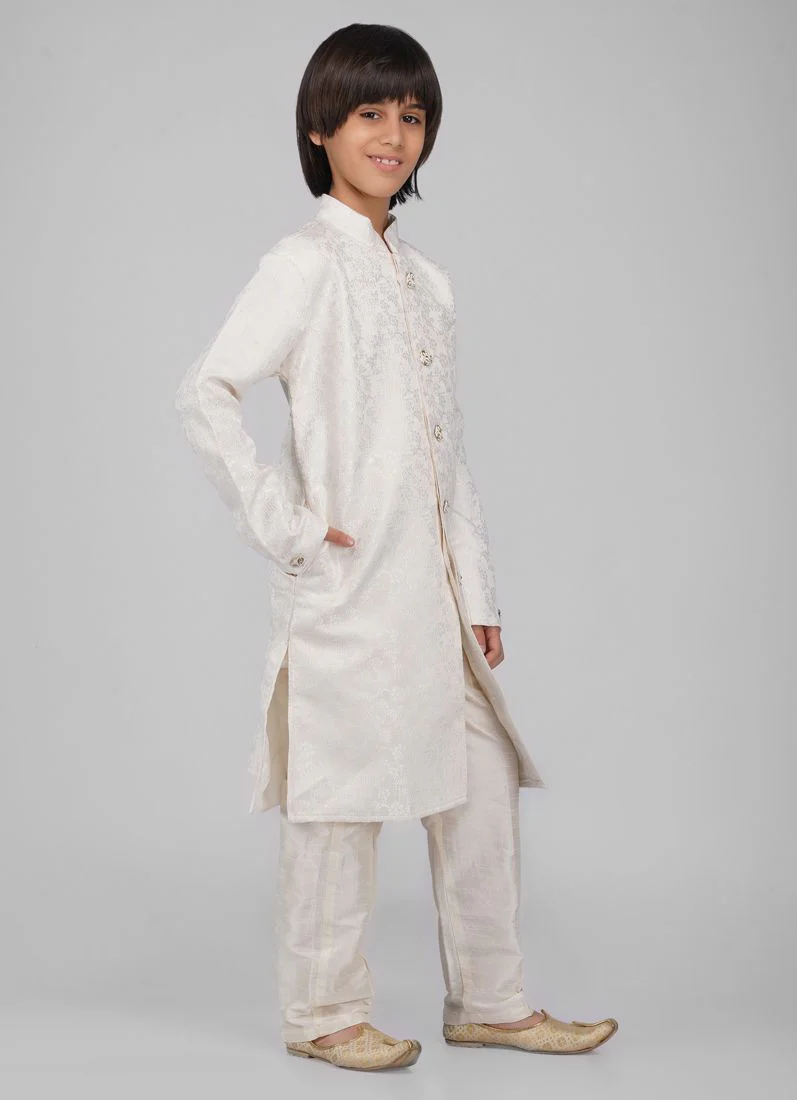 Boy's Cream Poly jacquard Shervani Pajama Set - Image 5