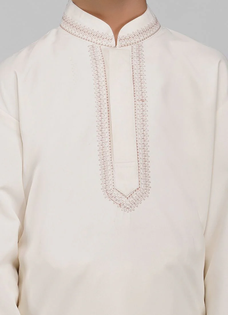 Boy's Cream Poyester Resham Thread Embroidered Kurta Salwar Set - Image 5