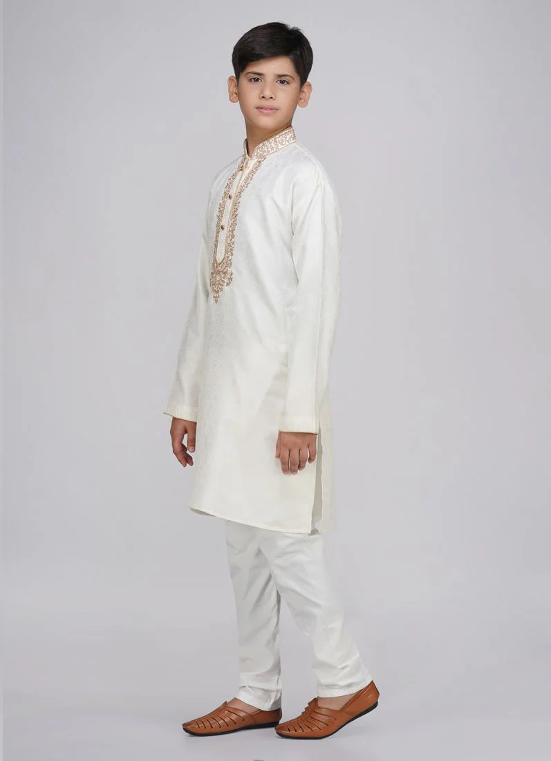 Boy's Cream Resham Brocade Kurta Set - Image 2